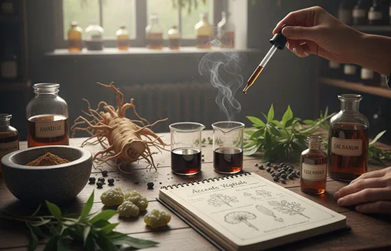 Une main manie une pipette au-dessus d'une mixture fumante dans un bécher, sur une table en bois d'herboriste. Des racines (angélique), des herbes (galbanum), des baies et des poudres sont disposées autour. Un carnet ouvert montre des croquis botaniques. L'arrière-plan présente une fenêtre lumineuse et des étagères remplies de flacons, créant une ambiance d'atelier de maître herboriste.