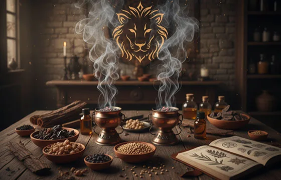 eux brûleurs d'encens dorés dégagent une fumée dense, formant un logo de tête de lion au-dessus. Sur une table en bois sombre, des bols contiennent des résines (benjoin), des graines (ambrette), des bois fumés (bouleau, cade). Des flacons d'huiles et un carnet sur les 