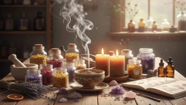 Scène d'atelier d'artisanat conscient avec bougies en cire d'abeille, cristaux, plantes séchées et encens brûlant, créant une atmosphère de bien-être