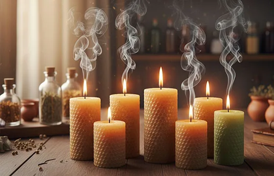 Collection de bougies artisanales à la cire d'abeille naturelle, façonnées à la main et parsemées de plantes séchées et de grains d'encens
