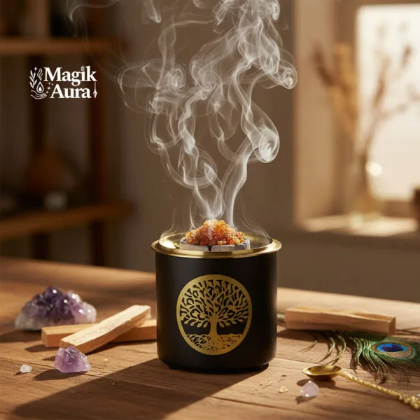 n brûleur d'encens cylindrique noir avec un motif doré de l'Arbre de Vie, posé sur une table en bois. Des résines ambrées brûlent sur un charbon, dégageant une fumée élégante. Autour, des bâtons de Palo Santo, des cristaux d'améthyste, une plume de paon et une cuillère dorée. La lumière du soleil filtre par une fenêtre en arrière-plan, créant une ambiance chaude et spirituelle.