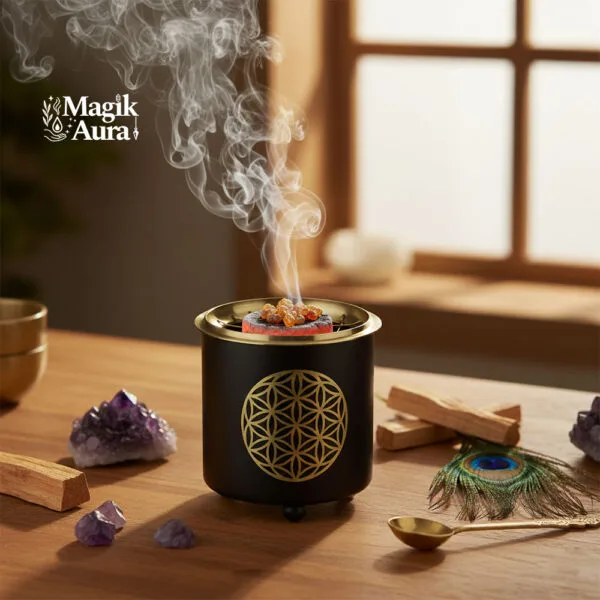 Un brûleur d'encens cylindrique noir avec un motif doré de la Fleur de Vie, posé sur une table en bois. Des résines ambrées brûlent sur un charbon, dégageant une fumée élégante. Autour, des bâtons de Palo Santo, des cristaux d'améthyste, une plume de paon et une cuillère dorée. La lumière du soleil filtre par une fenêtre en arrière-plan, créant une ambiance calme et propice à la méditation.