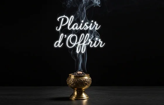 Idée cadeau bien-être originale avec coffret d'encens artisanaux MagikAura, fumée mystique formant le texte Plaisir d'offrir sur fond noir.