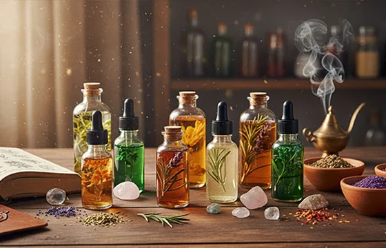 Collection de brumes d'ambiance et parfums d'intention MagikAura dans des flacons en verre, entourés de plantes et de cristaux.