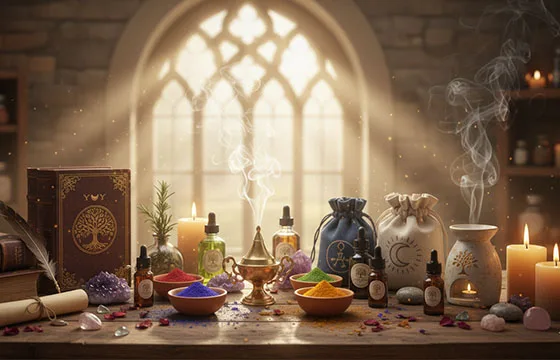 Collection de créations artisanales d'encens et d'ambiance MagikAura, incluant des résines, des brumes et des poudres de plantes sur une table d'atelier