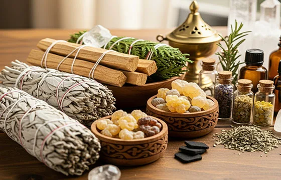 assortiment d'encens naturels d'artisan : résine d'oliban,dans des bols en bois