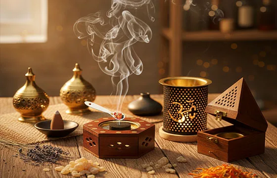 Collection d'encensoirs et d'accessoires de fumigation artisanaux disposés sur une table en bois, avec de la fumée s'élevant