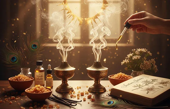 Une main dépose une goutte d'huile essentielle ambrée au-dessus de deux brûleurs d'encens dorés, dont la fumée forme un halo solaire scintillant. Sur une table en bois, des bols de résines ambrées (labdanum), des gousses de vanille, des flacons d'huiles et un carnet 