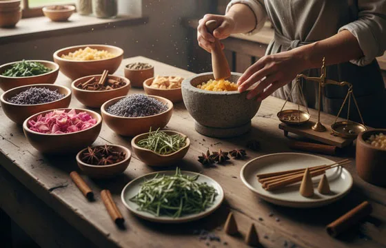 Une artisane dans un atelier lumineux, en train de piler des herbes et résines dans un mortier, entourée de bols d'ingrédients naturels (lavande, pétales de rose, épices, bois) et d'une balance ancienne. La scène illustre la fabrication française et artisanale des encens MagikAura
