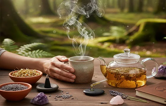 Assortiment d'ingrédients naturels en vrac pour la fumigation, tisane, cône encens disposés dans des bols : herbes séchées,