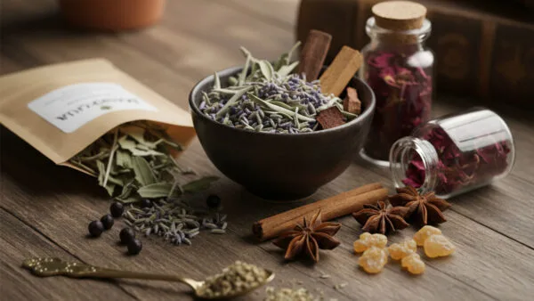Bol d'herbes de fumigation (lavande, sauge), cannelle et pétales de rose sur une table en bois pour Magikaura