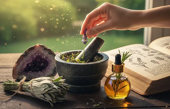 Une main délicate dépose une fleur de lavande dans un mortier en pierre, entourée de cristaux d'améthyste, de fioles d'huile essentielle et d'un grimoire ouvert, sous une lumière douce filtrée par une fenêtre. La scène évoque la magie naturelle et le bien-être