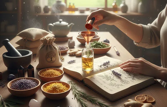 Une femme prépare méticuleusement des infusions et huiles essentielles avec des herbes séchées et des ingrédients naturels sur une table en bois, un livre de recettes ancestrales ouvert. La scène est lumineuse et sereine, avec des sacs en toile de jute estampillés d'un arbre de vie et un paysage verdoyant en arrière-plan, symbolisant l'engagement de MagikAura pour des produits authentiques et une pratique professionnelle consciente.