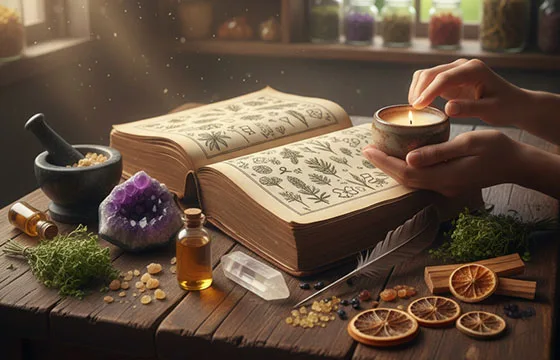 Des mains allumant une petite bougie artisanale, posées à côté d'un livre ancien ouvert sur des illustrations botaniques, de cristaux d'améthyste, de fioles d'huile, d'herbes séchées et de tranches d'orange. La scène sur une table en bois évoque l'authenticité, le respect de la nature et la transmission du savoir-faire artisanal de MagikAura.