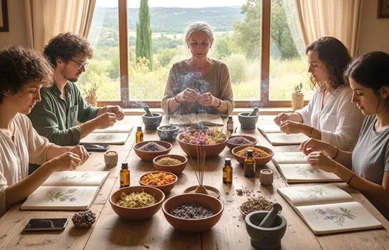 Un groupe de cinq personnes, hommes et femmes, participe à un atelier de création de produits naturels dans une pièce lumineuse avec une grande fenêtre ouverte sur un paysage provençal verdoyant. Ils sont assis autour d'une grande table en bois, manipulant des herbes séchées, des épices et des flacons, guidés par une femme expérimentée au centre, avec de légères volutes de fumée d'encens. L'image évoque la transmission de savoirs ancestraux, la concentration et la convivialité des ateliers MagikAura pour cultiver le bien-être ensemble.