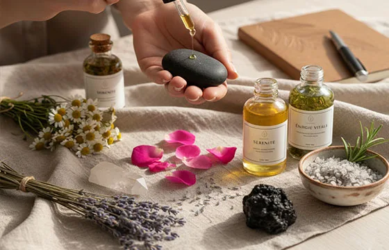 Des mains versant de l'huile essentielle sur une pierre de massage, entourées de fioles d'huiles, de fleurs séchées (lavande, camomille, pétales de rose) et de cristaux, sur une étoffe naturelle. L'image illustre un chemin de soin personnel et professionnel chez MagikAura.