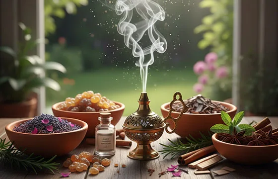Un brûle-encens traditionnel d'où s'élève une fumée blanche et élégante, entouré de bols de résines, fleurs séchées, bois sacrés et épices, devant une fenêtre lumineuse. La scène illustre l'art de la fumigation et les encens naturels de MagikAura.