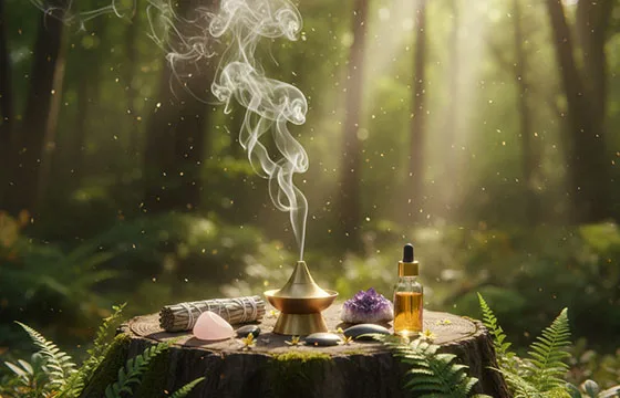 Un autel naturel dans une forêt baignée de lumière, avec un brûle-encens d'où s'échappe de la fumée, un fagot de sauge, des cristaux et une fiole d'huile essentielle, le tout posé sur une souche d'arbre moussue. La scène incarne un sanctuaire de bien-être au cœur de la nature pour MagikAura.