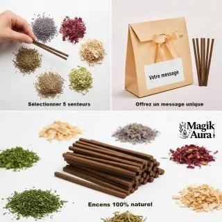 Sélection de 5 bâtons d'encens naturels MagikAura avec pochette cadeau et message personnalisé.