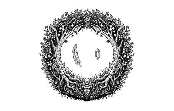 Illustration d'un cercle protecteur tissé de branches d'arbre, abritant en son cœur des cristaux purificateurs et une plume de sérénité.