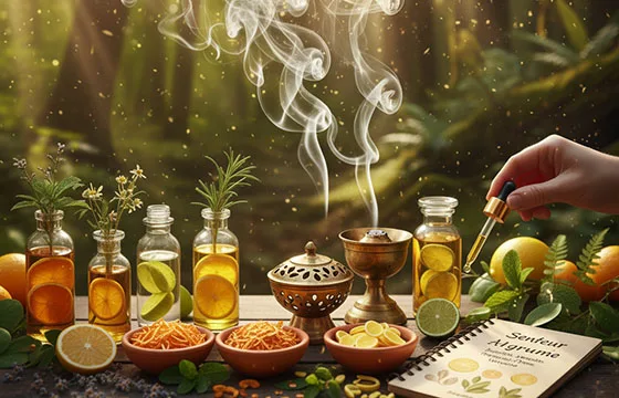 Une main dépose une goutte d'huile essentielle d'agrume. Sur une table en bois, des flacons avec des tranches d'agrumes (orange, citron, pamplemousse) et des zestes dans des bols côtoient un brûleur d'encens fumant. Un carnet détaille les senteurs d'agrumes, le tout dans un cadre de forêt lumineuse et ensoleillée.
