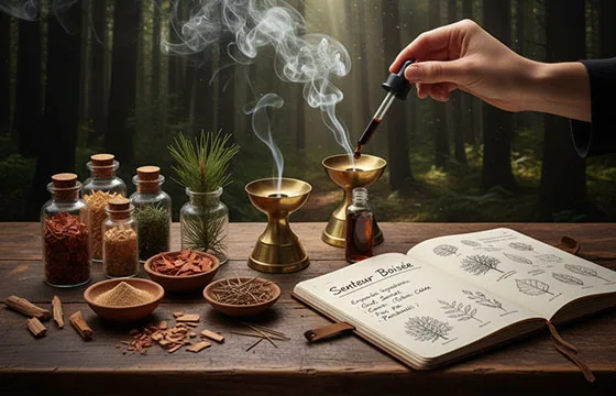 Une main dépose une goutte d'huile essentielle boisée près de brûleurs d'encens fumants. Sur une table en bois, des flacons contiennent des éléments de bois (cèdre, santal, pin), des bols de copeaux et de poudres boisées sont disposés. Un carnet ouvert détaille les senteurs boisées. L'arrière-plan représente une forêt dense baignée de rayons de lumière filtrés, créant une ambiance profonde et naturelle.