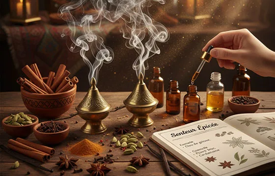 Une main dépose une goutte d'huile essentielle épicée près de deux brûleurs d'encens fumants. Des bols d'épices (cannelle, cardamome, clou de girofle, anis étoilé) et un carnet sur les senteurs épicées sont disposés sur une table en bois rustique. L'arrière-plan flou présente des lanternes orientales, créant une ambiance chaleureuse et mystérieuse avec des rayons de lumière.