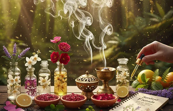 Une main dépose une goutte d'huile essentielle florale. Sur une table en bois, des flacons avec des fleurs (jasmin, rose, fleur d'oranger, lavande) et des bols de pétales se côtoient. Un brûleur d'encens émet de la fumée, et un carnet ouvert affiche les senteurs florales. L'arrière-plan de forêt ensoleillée apporte une lumière douce et naturelle.