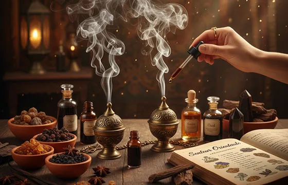 Une main dépose une goutte d'huile essentielle orientale près de brûleurs d'encens fumants. Des bols de résines et d'épices (oud, ambre, musc, benjoin), des flacons d'huiles et un carnet sur les senteurs orientales sont disposés sur une table en bois sombre, avec un motif oriental en arrière-plan et une lanterne allumée, suggérant une atmosphère mystique.