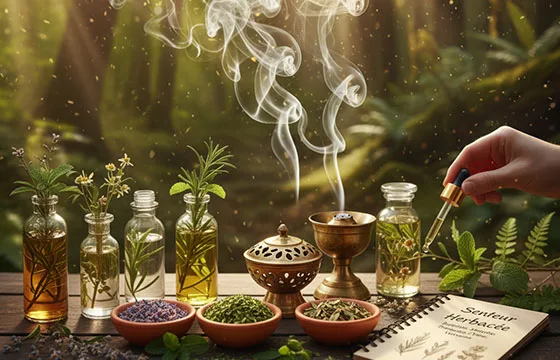 Une main dépose une goutte d'huile essentielle herbacée. Sur une table en bois, des flacons avec des herbes (romarin, sauge, menthe, thym) et des bols d'herbes séchées sont présents. Un brûleur d'encens dégage une fumée délicate. Un carnet présente les senteurs herbacées, le tout dans un décor de forêt baignée de lumière.