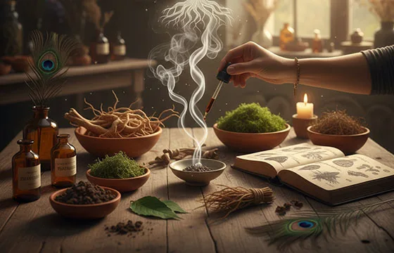 Une main dépose une goutte d'huile essentielle sur un petit brûleur d'encens d'où s'élève une fumée formant un arbre stylisé et lumineux avec des racines. Sur une table en bois rustique, on trouve des racines (vétiver, nard), des mousses, du patchouli en poudre, des flacons d'huiles essentielles, des plumes de paon et un carnet ouvert présentant des illustrations de plantes. Une lumière douce filtre par une fenêtre en arrière-plan, créant une atmosphère d'atelier d'herboriste propice à l'ancrage et à la méditation.
